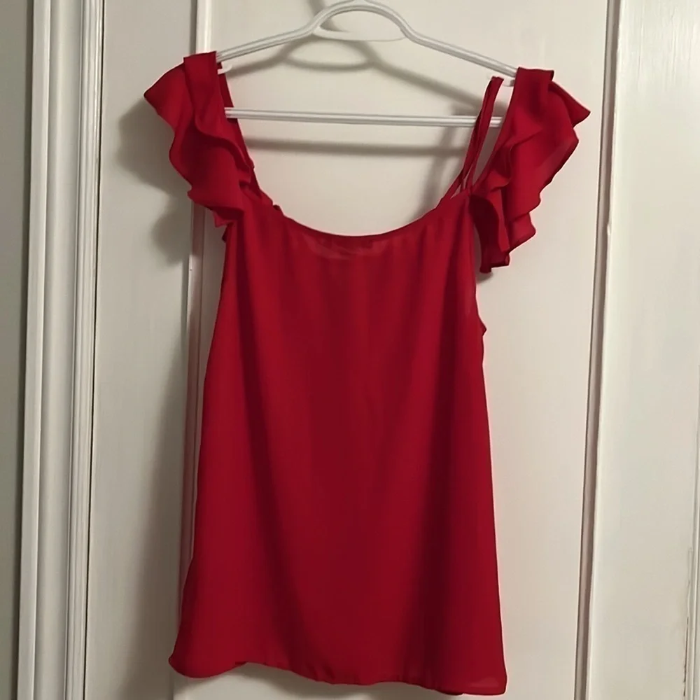 Express Sleeveless blouse, red small, ruffle cap, double spaghetti strap - Picture 6 of 7